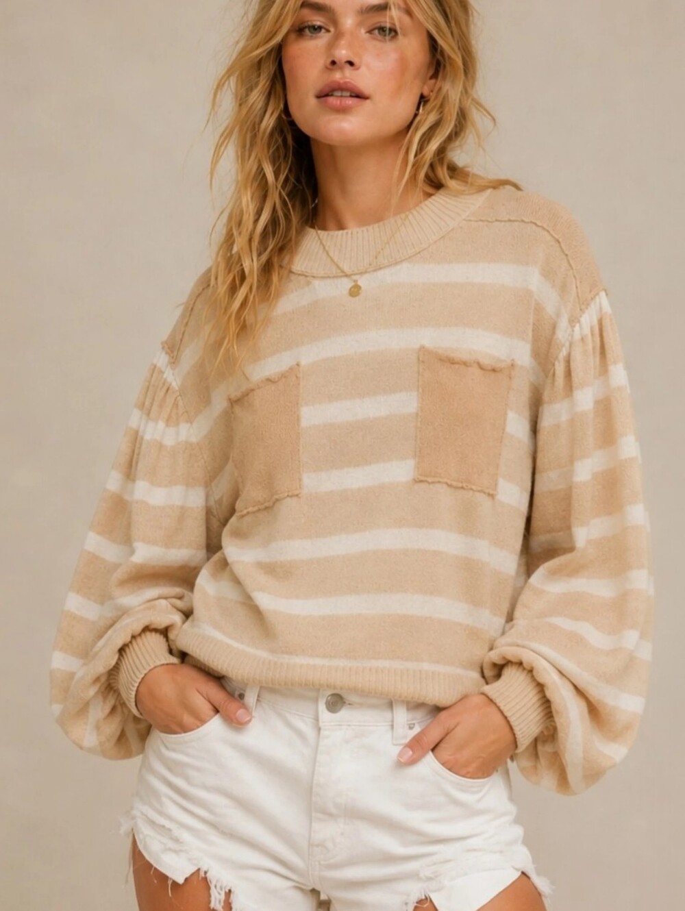 Free People Striped Linen Knit Sweater Large  NWT – Beige & Ivory